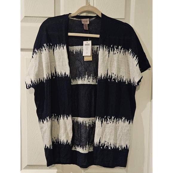 Chico's Sweaters - Chico's Kadie Cardi Jacket Static Wave Navy White Cotton Cardigan 0 NWT‎ Small